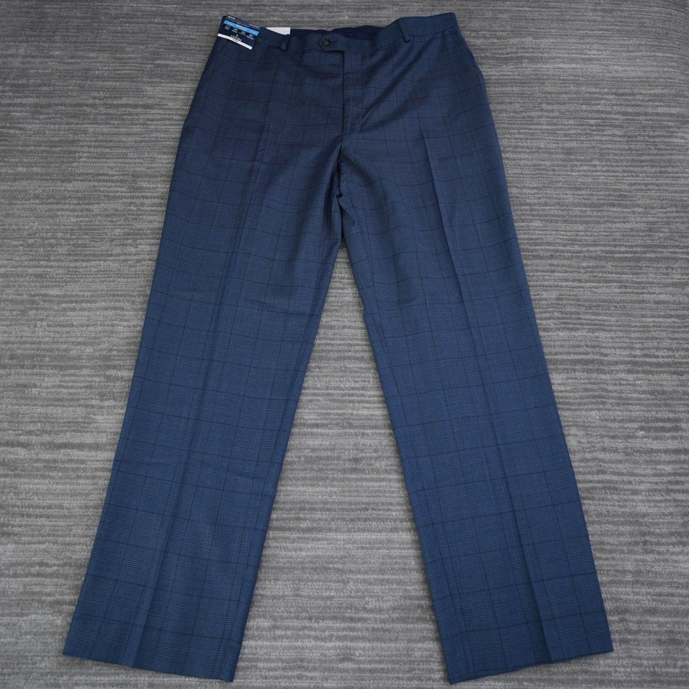 Stafford Big & Tall CoolMax Wool Blend Plaid Dress Pants Navy 42x34 Fit 41x33.75